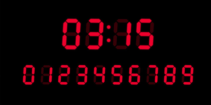 Red digital glowing numbers set for electronic devices LED screen isolated on black background. Vector Clock display, digital timer concept, glowing electronic figures, calculator numbers
