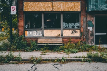 desolate row of abandoned retail storefronts, characterized by boarded-up windows and peeling signs, reflecting the economic downturn of the area.