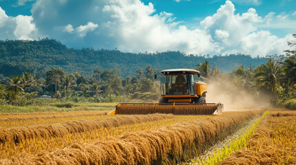 Obraz premium rice or wheat harvester working in the field, agricultural machinery, agro-industry, harvest, farm, combine, tractor, machine