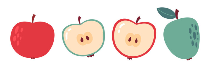 Apple set. Whole, half red and green juicy apples. Vegetarian organic food. Flat Vector illustration isolated on white background 