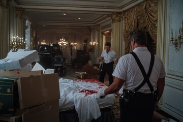 Naklejka premium Crime scene with police officers examining a bed covered in bloodstains amidst opulent surroundings, highlighting a stark contrast between luxury and violence.