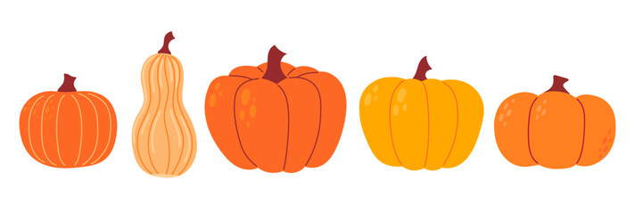 Pumpkins set. Autumn cozy design elements. Fall theme, Halloween, Thanksgiving stickers collection. Flat Vector illustration isolated on white background 