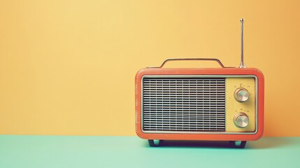 An old-fashioned red radio on a mint and yellow background.