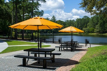 Park seating area with tables, parasols, and benches