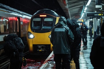 Obraz premium A rainy night scene at a train station, with people in raincoats preparing for their journey amid the glistening, wet platforms and the soft glow of overhead lights.