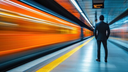 Businessman waiting on subway platform with train speeding by