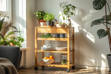 Bamboo Kitchen Trolley with Three Shelves, Two Racks, and Drawer on Wheels in Scandinavian Style Dining Room