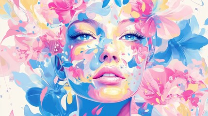 Intricate floral patterns and swirling shapes in vibrant pink, blue, and light yellow hues adorning a stylized woman's face on a white background