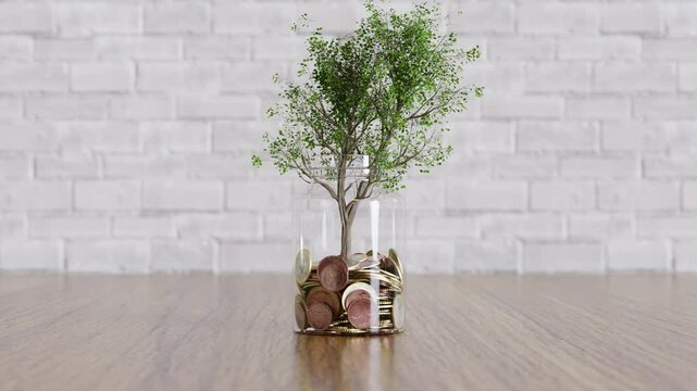 A tree grows on a falling coins in a glass jar, representing savings, economic growth, passive income, and future investments
