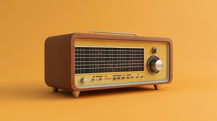 Vintage radio with wood grain finish on a orange background.