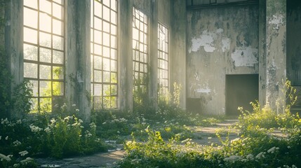 Abandoned brutalist factory with crumbling concrete walls, broken windows, and rusting metal accents, surrounded by overgrown weeds. 4K hyperrealistic photo.