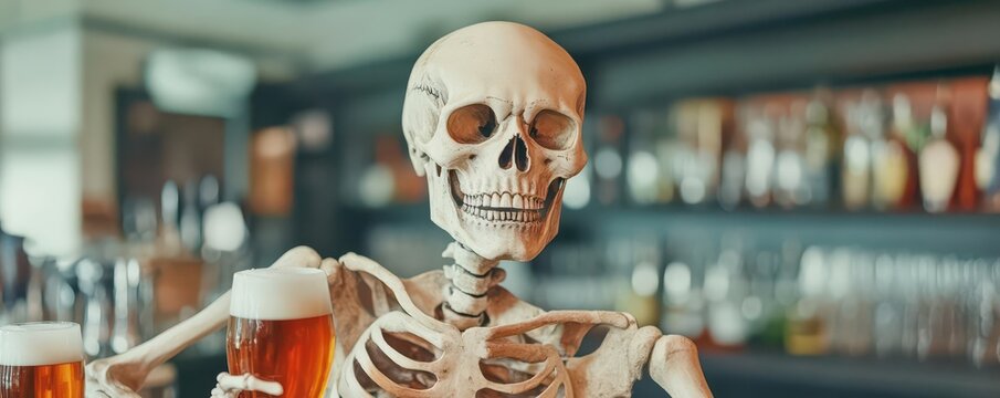 A skeleton bartender serving Oktoberfest beers in a spooky pub, skeleton bartender, beer, pub