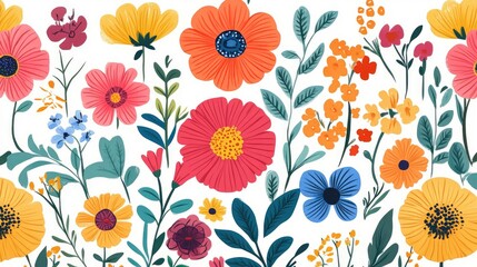 Lush flat floral design with intricate, vivid flowers in bright colors, creating a vibrant illustration on a white background