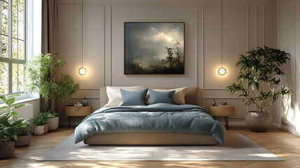 A serene bedroom with natural light, plants, and calming decor for relaxation.