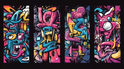 Naklejka premium Graffiti t shirt designs set, Streetwear graphic for clothing design. Graffiti poster illustration, Urban t-shirt design for print