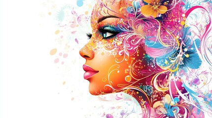 Stylized woman's face adorned with swirling shapes and floral patterns in shades of pink, blue, and yellow, set against a white background
