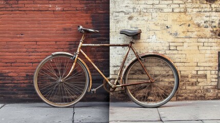 A classic, slightly rusty vintage bicycle leaning against a brick wall in a quiet alleyway. The bike&acirc;&euro;&trade;s weathered frame and chipped paint give it character, suggesting decades of use. 
