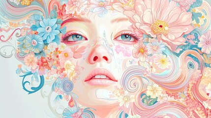 Stylized woman's face with swirling floral patterns in shades of pink, blue, and light yellow, intricately designed on a white background