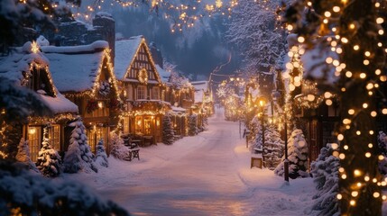 Fototapeta premium Quaint Christmas village street, where snow-covered homes and shimmering lights create