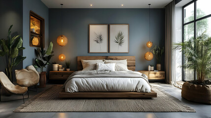 A serene bedroom with wooden furniture, plants, and warm lighting for relaxation.