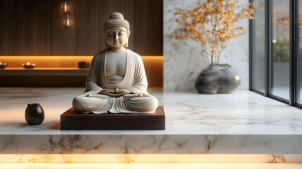 A serene Buddha statue in a modern, minimalist interior space.