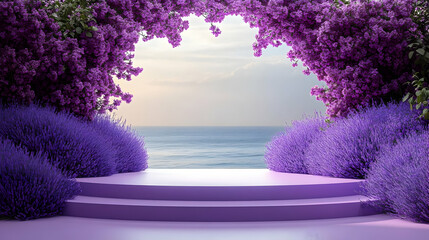 A serene coastal scene framed by vibrant purple flowers and lush greenery.