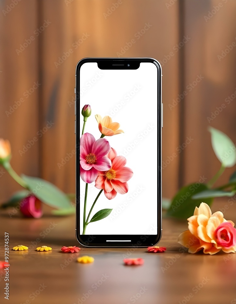 Wall mural mobile mockup with beautiful display of flower wallpapers