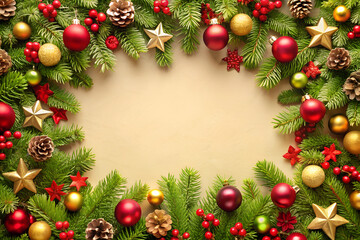 Christmas wreath decorated with ornaments and pine cones, featuring copy space in the center