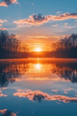 Obraz premium Vivid sunrise over a serene lake, reflecting the sky and surrounding trees, perfect for nature-themed projects, travel brochures, or mindfulness and relaxation content,