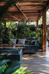 Obraz premium Double terrace with rustic wooden roof in a home garden with plants and flowers.