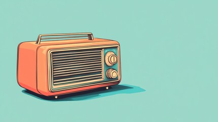 An illustrated vintage radio on a teal background.