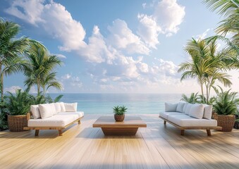 Fototapeta premium There is a large wooden terrace with a sea view 3d rendering. It has wooden floors, glass railings, furniture decorated with fabric and rattan, and a large tree pot.