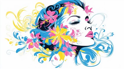 Vibrant floral and swirling patterns in pink, blue, and yellow enhancing the elegance of a stylized woman's face on a white background