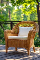 Fototapeta premium Garden with wicker armchair and pillow on green terrace