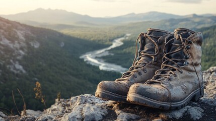 A pair of weathered hiking boots, caked with dried mud and dust, sitting at the edge of a vast, untouched wilderness. 