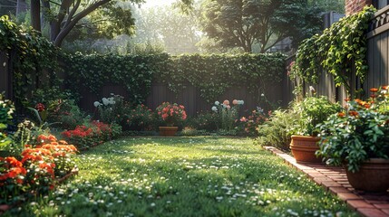 A lush green garden with a brick path, surrounded by wooden fences and a variety of flowers