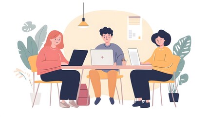 Three People Working on Laptops at a Table with Plants
