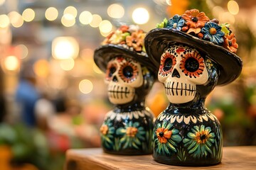 Day of the Dead sugar skulls with flowers and hats, set against a Mexican street market