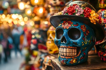 Fototapeta premium Day of the Dead sugar skulls with flowers and hats, set against a Mexican street market