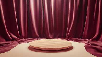 A clean and modern 3D setup with a wooden podium on a soft beige floor, surrounded by a luxurious burgundy curtain. Soft lighting adds depth, making the abstract scene feel tangible and refined.