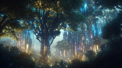 Obraz premium Imagine a dense, vibrant forest where the trees are partially made of living wood and partially cybernetic components. 