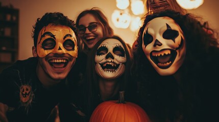 A group of friends at a Halloween party, each wearing different spooky masks, laughing together