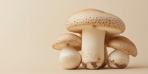 Three mushrooms are sitting on a table. The mushrooms are all different sizes and are arranged in a row