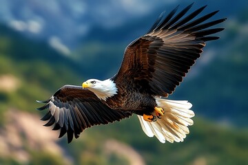 A bald eagle soaring high above the mountains, its keen eyes scanning the landscape for potential prey below