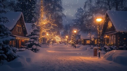 Serene Christmas village, with snow-dusted cottages and softly glowing street lamps