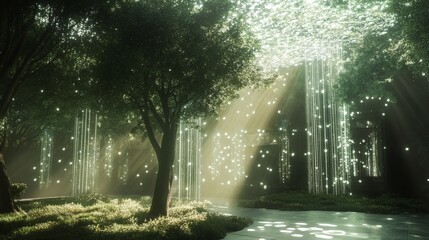 Obraz premium Soft sunlight filters through a digital canopy, creating a dreamy, ethereal atmosphere. Some of the trees could have holographic flowers or bioluminescent patterns that pulse gently,