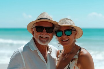 A couple is smiling and posing for a picture on a beach. The man is wearing a straw hat and sunglasses, while the woman is wearing a floral dress. Scene is happy and relaxed