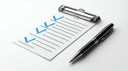 A clipboard with a checklist and a black pen on a clean white surface, ideal for planning and organization.