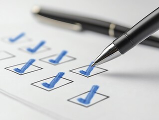 Close-up of a checklist being marked with a pen, emphasizing organization and task completion in a professional setting.