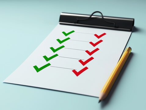 Close-up of a checklist with green and red checkmarks, symbolizing task completion and evaluation on a clipboard.